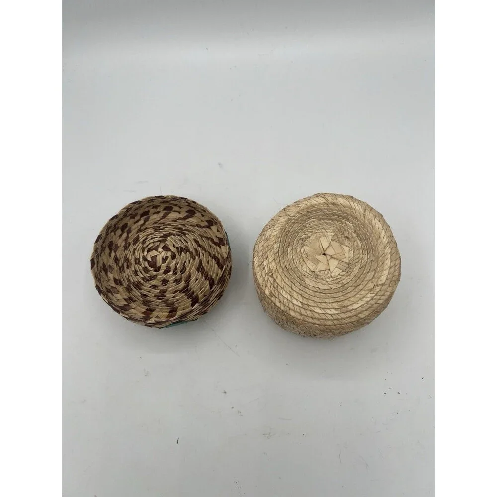 Mexican Tenate Woven Basket Trinket Box Raffia Flower Lid 4.5” Folk Art